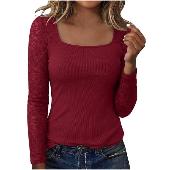 YUGYXL Womens Plus Size Blouse Long Sleeve Lace Trim Slim Fit Elegant Basic Shirt Sophisticated Top Red Sweatshirt XL