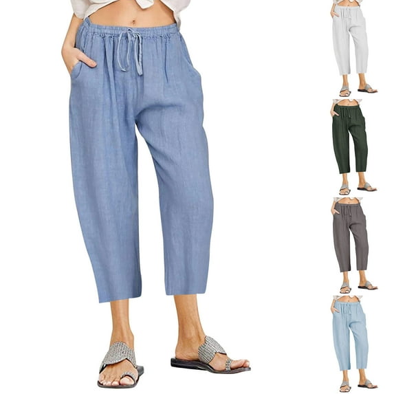 YUGYXL Womens Plus Size Cotton Linen Pants Trendy Drawstring Cropped Pants with Pockets Stretch Waist Loose Capri Pants Sky Blue S