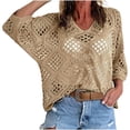 thumbnail image 1 of YUGYXL Womens Plus Size Crochet Cover Up Top 3/4 Batwing Sleeve V Neck Sweater Shirts Mesh Boho Beach Vacation Blouse Beige Tops XXXXL, 1 of 7