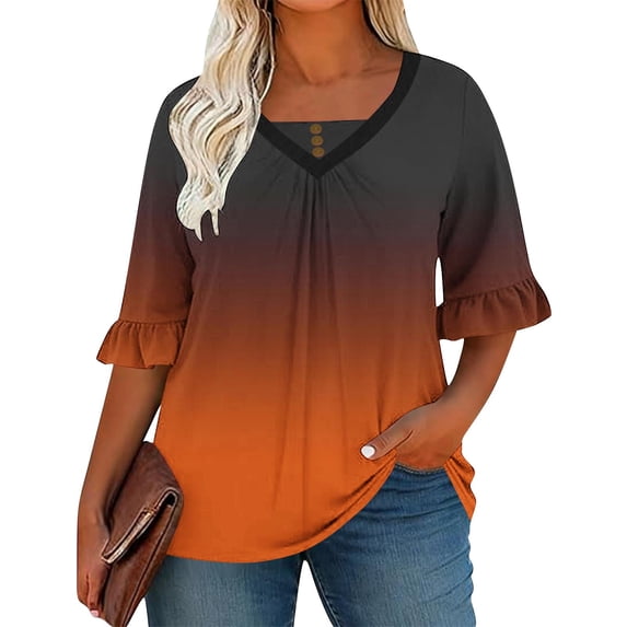 YUGYXL Womens Plus Size Gradient Color T-Shirts Fahsion V Neck Ruffle Trim Short Sleeve Shirts Summer Trendy Tees Orange XXXXXL
