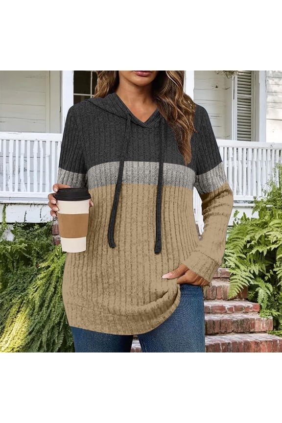 Womens Plus Size Lightweight Ribbed Knit Hoodie Sweaters Casual Long Sleeve Pullover Tops for Fall Winter Brown XXL