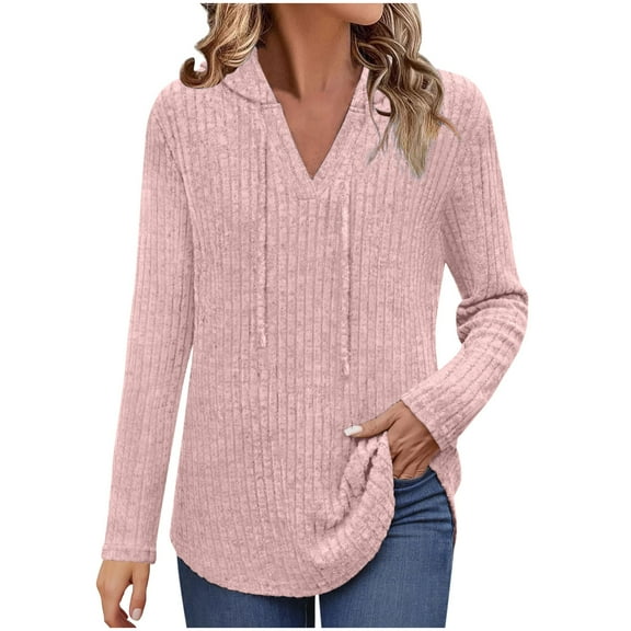 YUGYXL Womens Plus Size Lightweight Ribbed Knit Hoodie Sweaters Casual Long Sleeve Pullover Tops for Fall Winter Pink XL