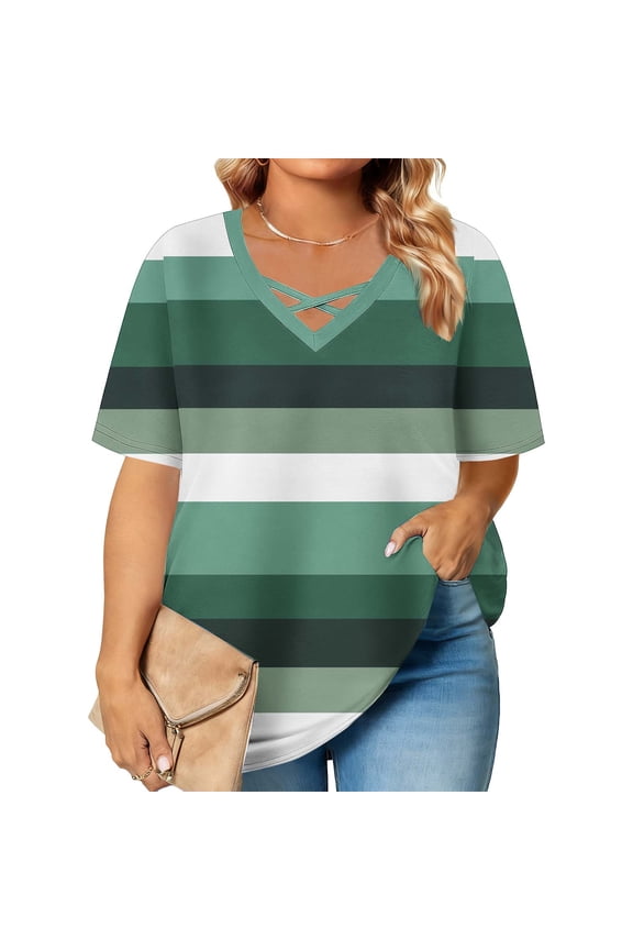 Womens Plus Size Short Sleeve Tops Summer Casual Crossover V Neck T-Shirts Striped Loose Fit Tees Shirts Work Top Green XXL