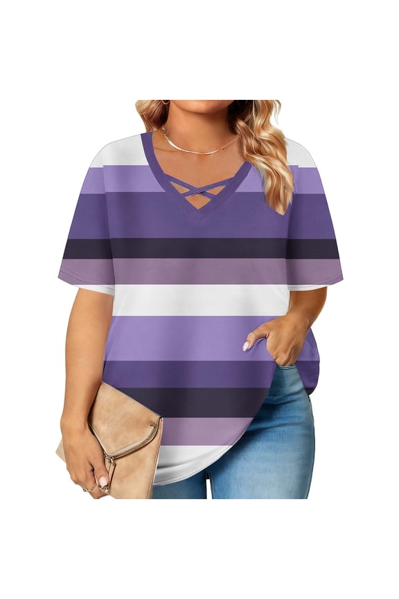 Womens Plus Size Short Sleeve Tops Summer Casual Crossover V Neck T-Shirts Striped Loose Fit Tees Shirts Work Top Purple XL