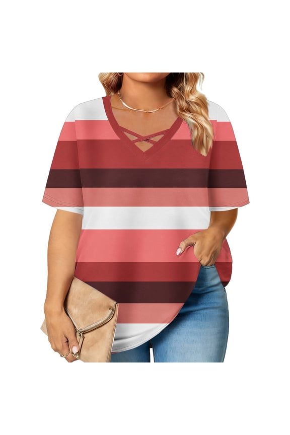 Womens Plus Size Short Sleeve Tops Summer Casual Crossover V Neck T-Shirts Striped Loose Fit Tees Shirts Work Top Red XL