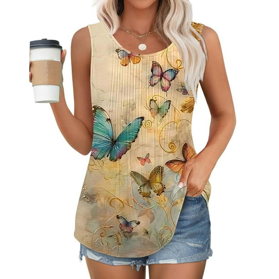 YUGYXL Womens Plus Size Sleeveless T Shirts Basic Crewneck Tank Top Tee Summer Casual Workout Fashion Floral Print Y2K Clothes Multicolor,M