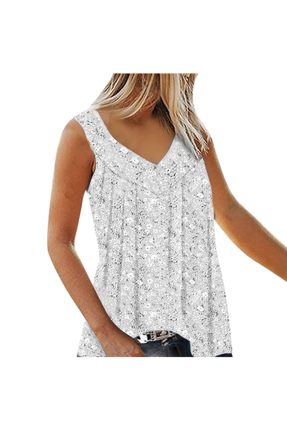 Womens Plus Size Tank Tops Cute Flower Print Sleeveless V-Neck T Shirts Pleated Tunic Tanks Blouse Casual Loose Fit Boho Camisole Lightning White XXXXL