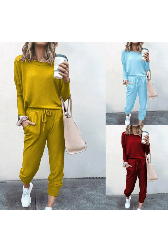 Womens Plusize Tracksuits Casual 2 Pieceet Lightweight Comfyolid Color Crewneckweatshirt Matchtretchweatpants Outfitsky Blue,S