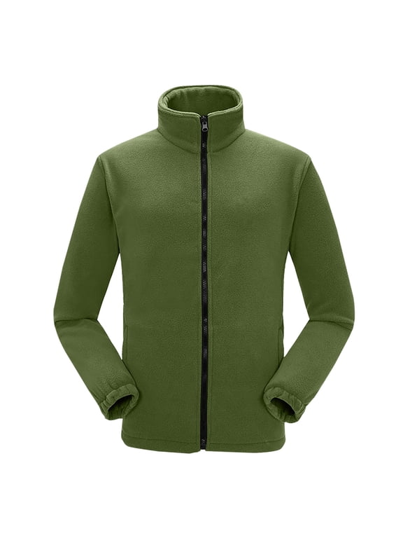 Womens Polar Fleece Zip Up Jacket Lightweight Thermal Outdoor Recreation Coat With Pockets Soft Solid Color Outwaer Gift for Family Army Green,L