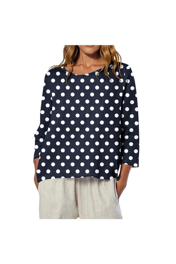Womens Polk Dots T Shirts 3/4 Length Sleeve Crew Neck Tunic Tops Fall Clothes Winter Casual Loose Comfy Tops Black XXL