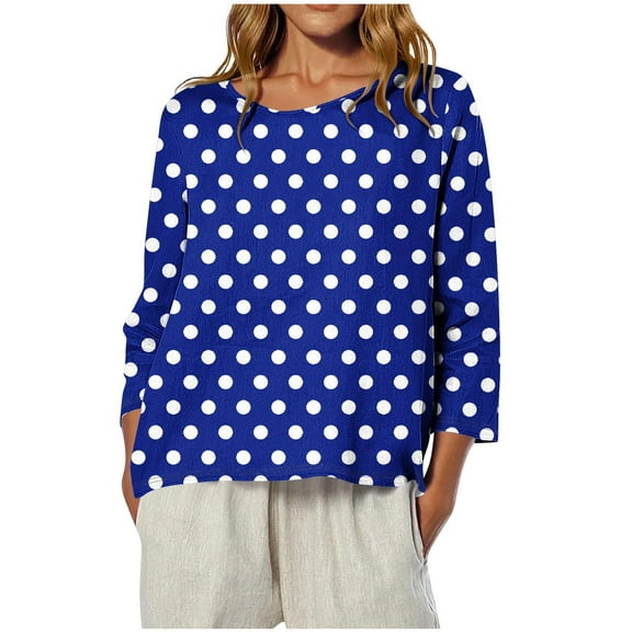 YUGYXL Womens Polk Dots T Shirts 3/4 Length Sleeve Crew Neck Tunic Tops Fall Clothes Winter Casual Loose Comfy Tops Blue L