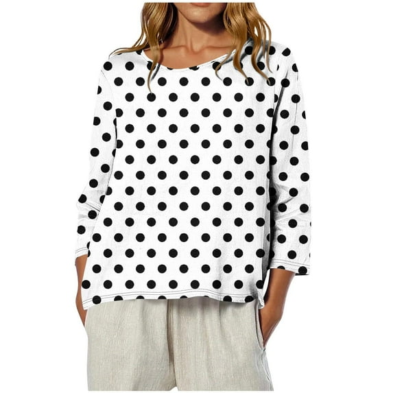 YUGYXL Womens Polk Dots T Shirts 3/4 Length Sleeve Crew Neck Tunic Tops Fall Clothes Winter Casual Loose Comfy Tops White XL