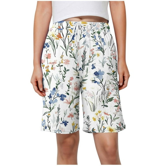 YUGYXL Womens Print Bermuda Pants Trendy Stretch Waist Lightweight Knee Length Pants Casual Drawstring Comfy Shorts Pants B Multicolor M