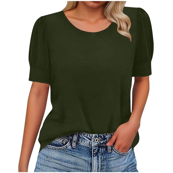 YUGYXL Womens Puff Short Sleeve Sweater Casual Summer Crew Neck Pullover Tops Ribbed Knit Sweater Blouse Army Green L