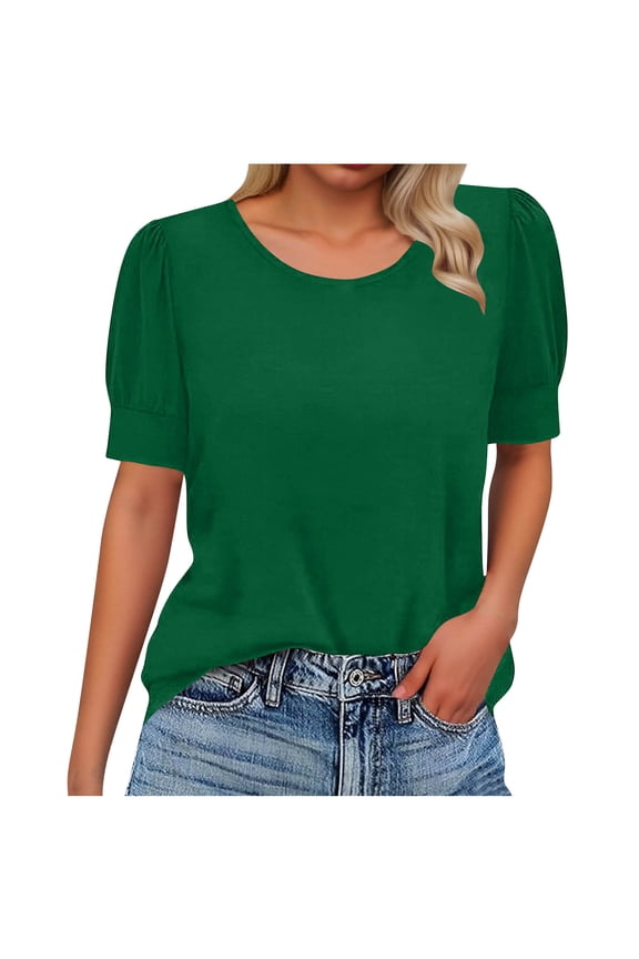 Womens Puff Short Sleeve Sweater Casual Summer Crew Neck Pullover Tops Ribbed Knit Sweater Blouse Green L