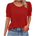 thumbnail image 1 of YUGYXL Womens Puff Short Sleeve Sweater Casual Summer Crew Neck Pullover Tops Ribbed Knit Sweater Blouse Red Tops S, 1 of 7