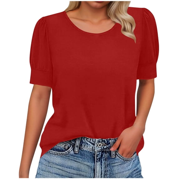 YUGYXL Womens Puff Short Sleeve Sweater Casual Summer Crew Neck Pullover Tops Ribbed Knit Sweater Blouse Red Tops S