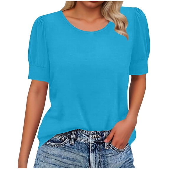 YUGYXL Womens Puff Short Sleeve Sweater Casual Summer Crew Neck Pullover Tops Ribbed Knit Sweater Blouse Sky Blue Tops M