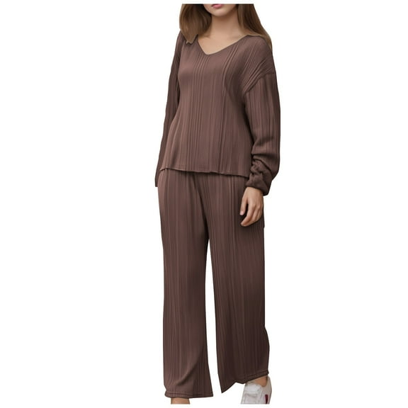 YUGYXL Womens Ribbed Knit Pajamas Set V Neck Long Sleeve Pj Set 2 Piece Loungewear Casual Sleepwear Coffee L