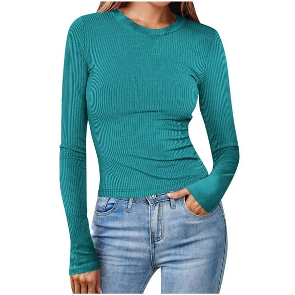 YUGYXL Womens Ribbed Shirts Crewneck Long Sleeve Slim Fit Tops Casual Tight Stretch T Shirts Fall Plain Basic Tees Sky Blue L