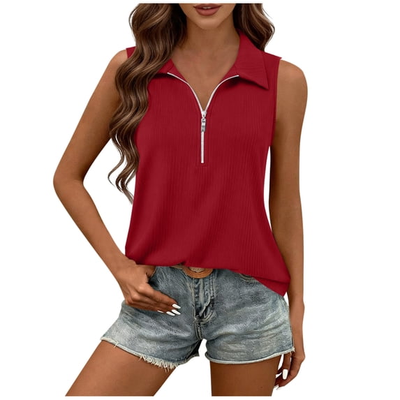 YUGYXL Womens Ribbed Tank Top Zipper V Neck Dressy Casual Blouses Sleeveless Camisole Tops Work Tank Shirts Red XL