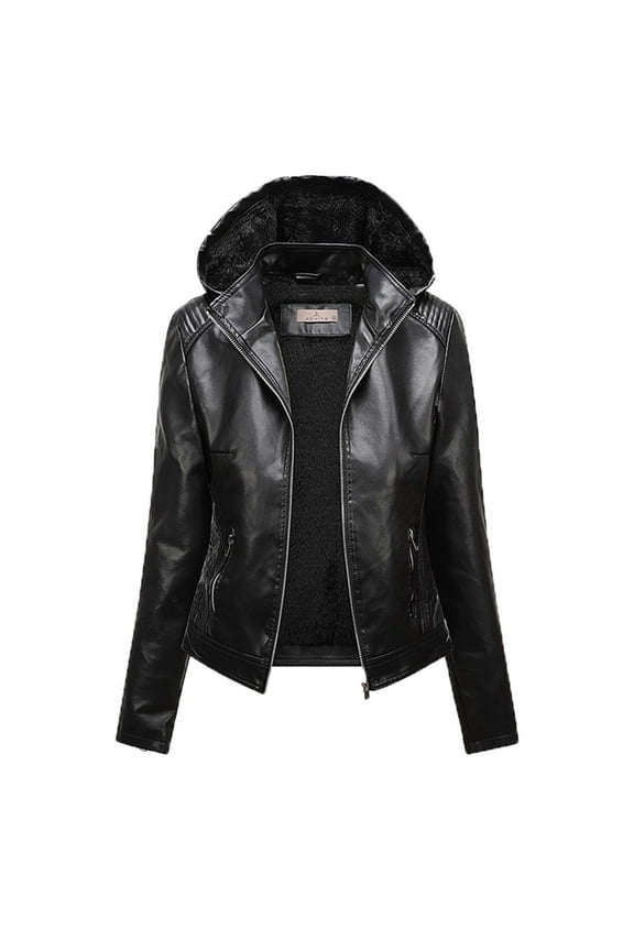 Womens Sherpa Fleece Coat Faux-Leather Jackets Winter Warm Thicken Parka Hooded Motorcycle Motor Biker Slim Fit Coat Black M