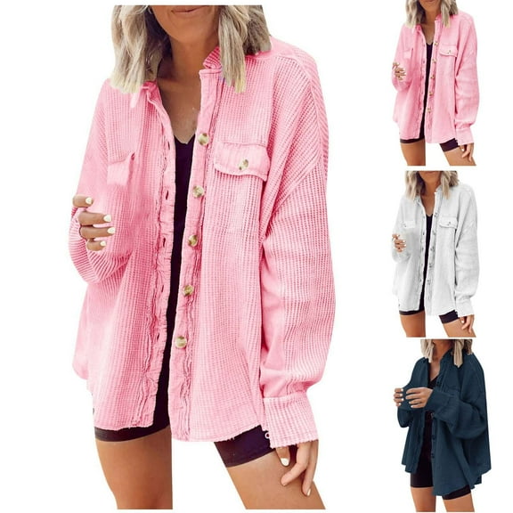 YUGYXL Womens Shirts Jackets Casual Lightweight Button Down Shacket Jackets Oversized Long Sleeve Lapel Shirt Textured Boyfriend Outwear Today Blue,S