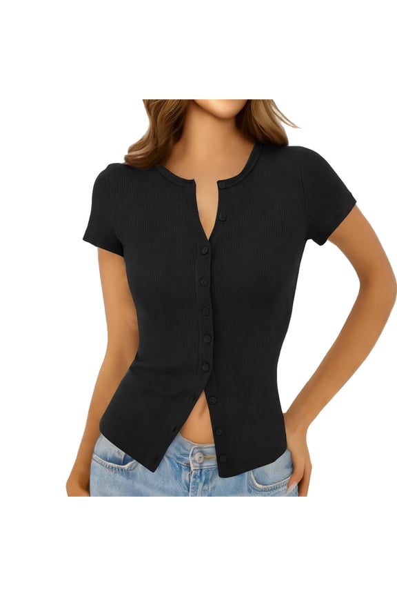 Womens Shirts Notched Neck Short Sleeves Button Down Fitted Ribbed Knit Solid Casual Blouse Pullover T-Shirt Tops Black S