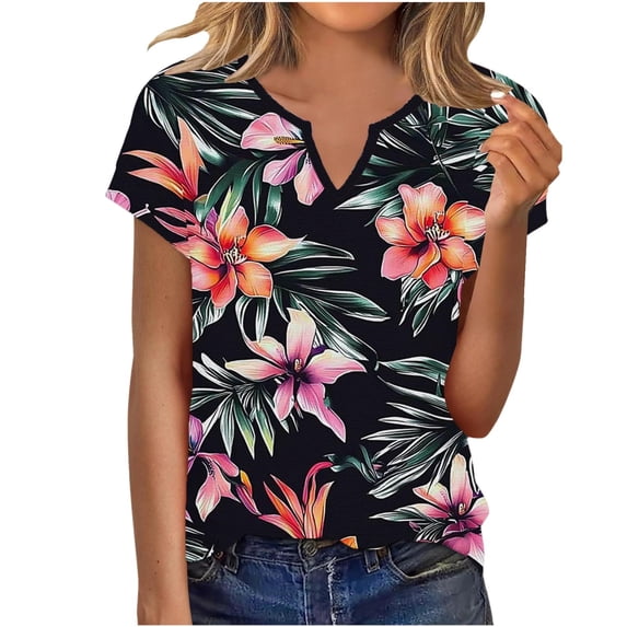 YUGYXL Womens Shirts Tie Dye Print V Neck T-Shirts Trendy Flowy Soft Tee Summer Casual Short Sleeve Tees Tops Black Top L