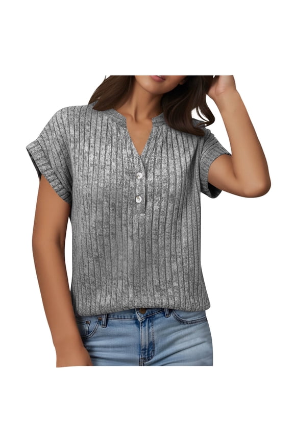 Womens Short Sleeve Henley Shirts V Neck Summer Sweaters Spring Business Tunic Tops Dressy Casual Work Blouses Gray M