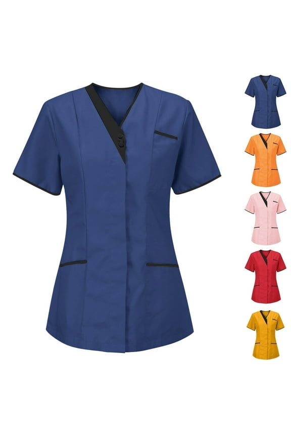 Womens Short Sleeve Shirts Nurse Work Uniform Tunics Scrub Tops with Pockets Front Button Up Workwear Blue XXL