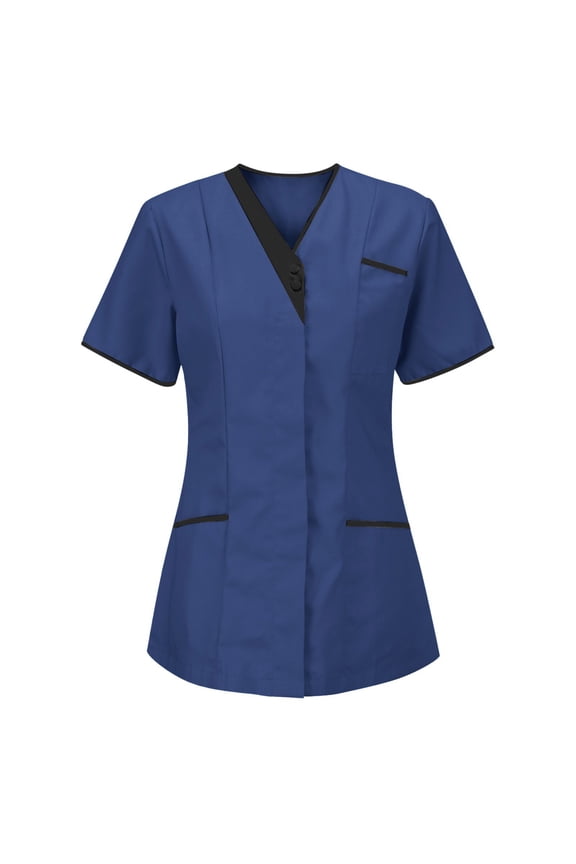 Womens Short Sleeve Shirts Nurse Work Uniform Tunics Scrub Tops with Pockets Front Button Up Workwear Z Blue L