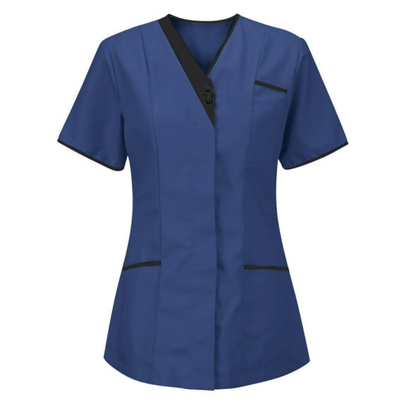YUGYXL Womens Short Sleeve Shirts Nurse Work Uniform Tunics Scrub Tops with Pockets Front Button Up Workwear Z Blue XL