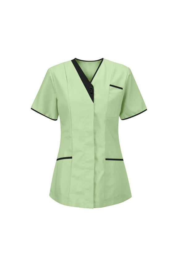 Womens Short Sleeve Shirts Nurse Work Uniform Tunics Scrub Tops with Pockets Front Button Up Workwear Z Green M