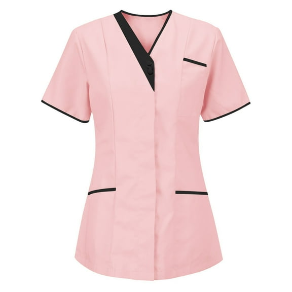 YUGYXL Womens Short Sleeve Shirts Nurse Work Uniform Tunics Scrub Tops with Pockets Front Button Up Workwear Z Pink XXXL
