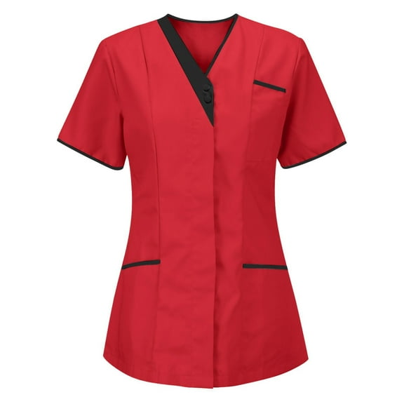 YUGYXL Womens Short Sleeve Shirts Nurse Work Uniform Tunics Scrub Tops with Pockets Front Button Up Workwear Z Red L