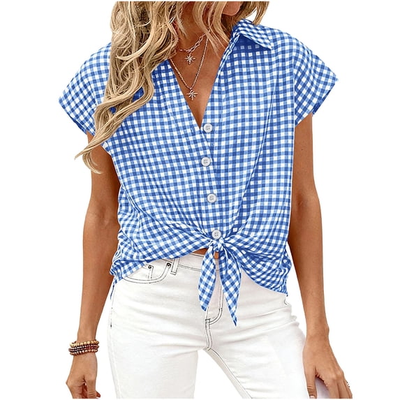 YUGYXL Womens Short Sleeve Shirts Plaid Button Down Blouse Dressy Casual Summer Spring Business Gingham Work Tops Light Blue Tops M
