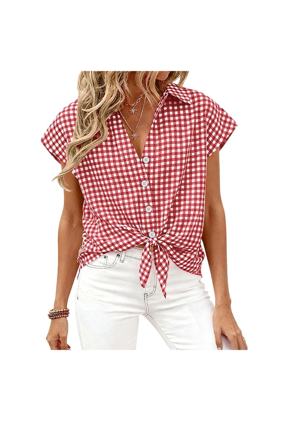 Womens Short Sleeve Shirts Plaid Button Down Blouse Dressy Casual Summer Spring Business Gingham Work Tops Red Tops XXL