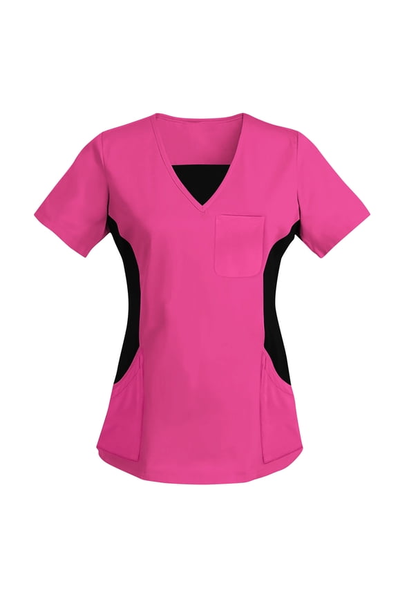 Womens Short Sleeve Shirts Scrub Tops Workwear V-Neck with Knit Sides Soft Stretch Hospital Doctor Nurse Top Hot Pink M