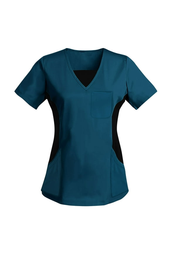 Womens Short Sleeve Shirts Scrub Tops Workwear V-Neck with Knit Sides Soft Stretch Hospital Doctor Nurse Top Navy M