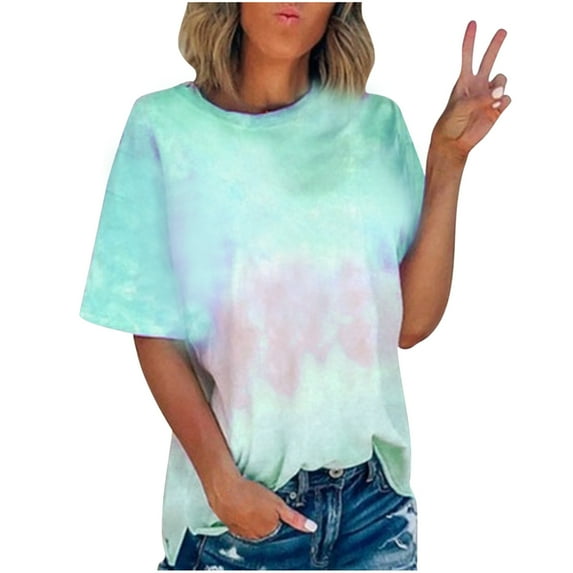 YUGYXL Womens Short Sleeve Shirts Summer Casual Loose Fit Crewneck Blouse Trendy Tie-Dye Plus Size Pullover Tops Teen Girl Outdoor T shirt 2025 Clearance