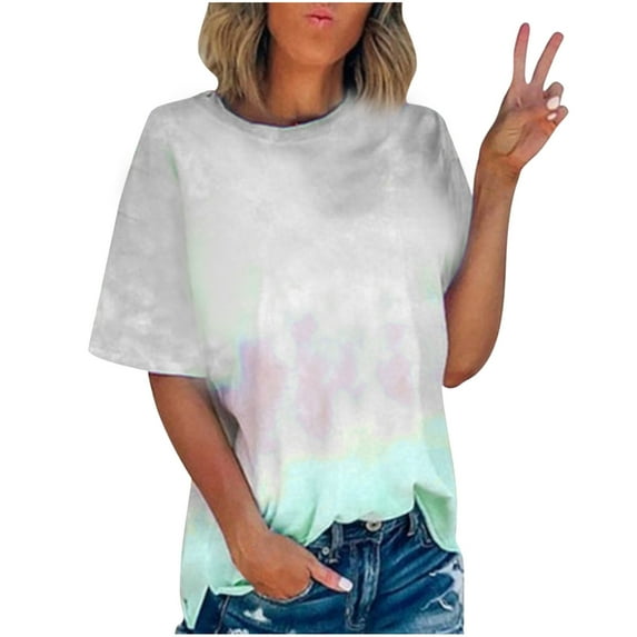 YUGYXL Womens Short Sleeve Shirts Summer Casual Loose Fit Crewneck Blouse Trendy Tie-Dye Plus Size Pullover Tops Teen Girl Outdoor T shirt Prime Lightning Deals Of The Day
