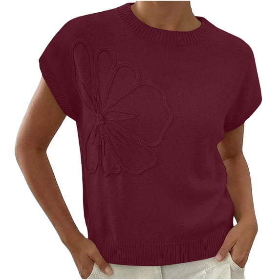 YUGYXL Womens Short Sleeve Sweater Trendy Floral Pullover Sweaters Summer Casual Crewneck Lightweight Knit Tops Wine Tops S
