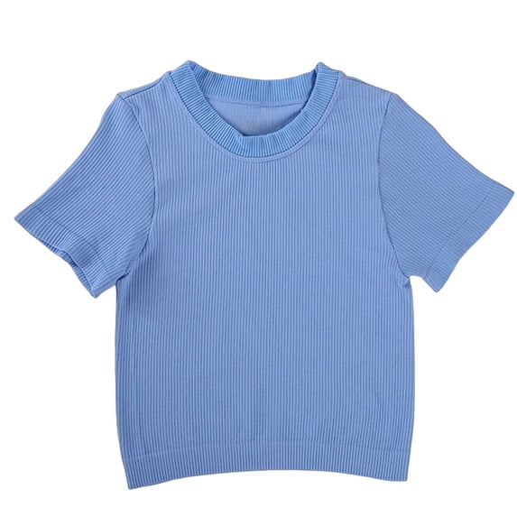 YUGYXL Womens Short Sleeve T Shirts Buttery Soft Summer Crop Tops Slim Fit Y2k Basic Tees for Workout Blue Top S