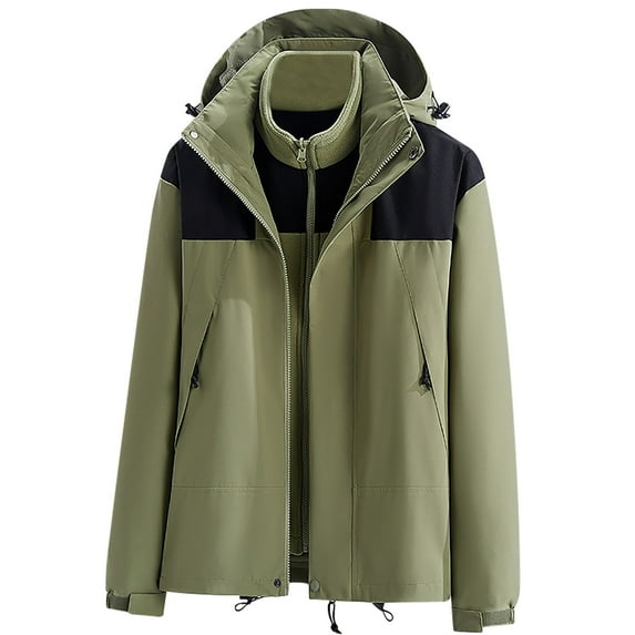 YUGYXL Womens Ski Jackets Winter Thermal 3-in-1 Hood Windbreaker Plus Size Heavy Weight Outerwear Casual Color Block Outdoor Windproof Coats Clearance Deals Today 2025 Green,XXL