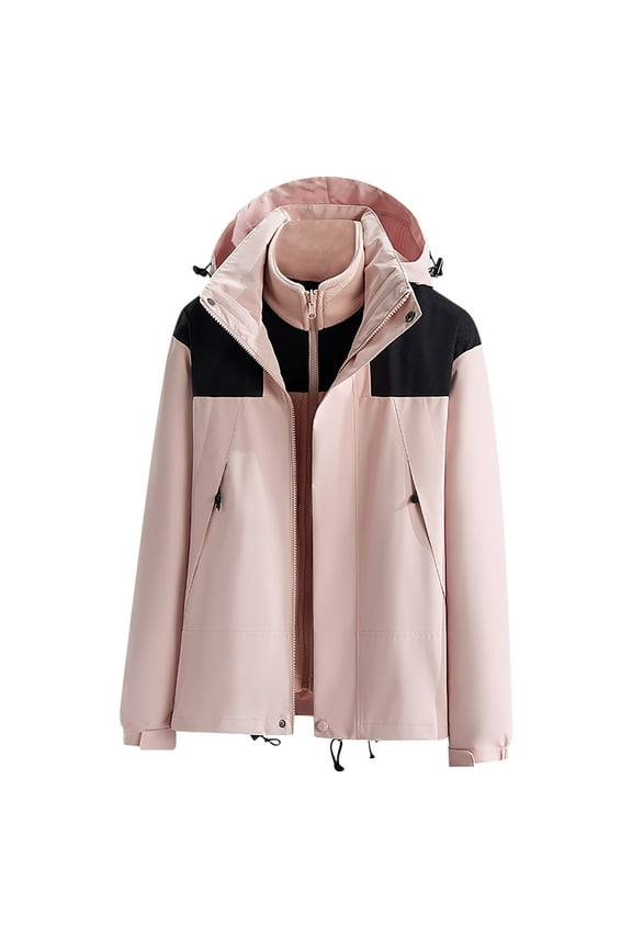 Womens Ski Jackets Winter Thermal 3-in-1 Hood Windbreaker Plus Size Heavy Weight Outerwear Casual Color Block Outdoor Windproof Coats Gift for Wife Pink,XXL