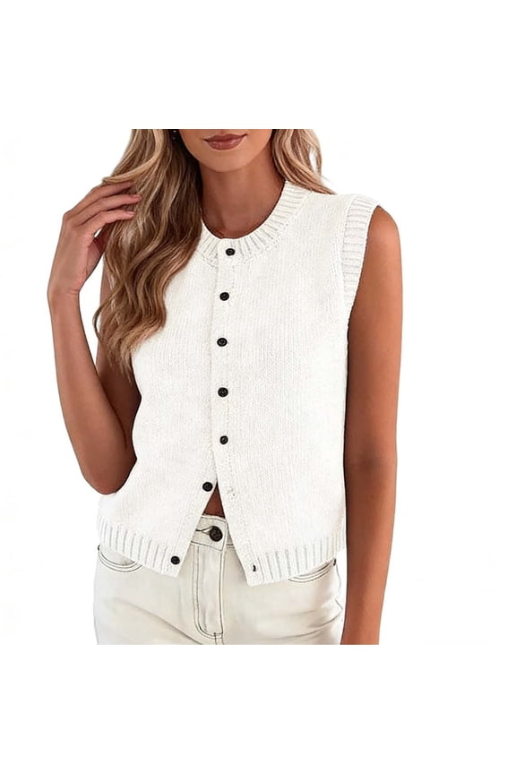 Womens Sleeveless Cropped Sweater Vest Button Down Crew Neck Knit Cardigan Summer Trendy Versatile Waistcoat WhiteL