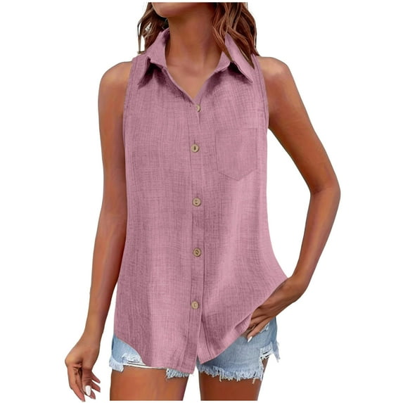YUGYXL Womens Sleeveless Tops Dressy Casual Button Down Collared Shirt Linen Tank Tops Loose Fit Blouse Work Office Outfits Pink XL