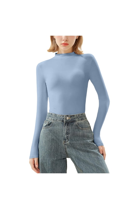 Womens Slim Fitted Mock Turtleneck Tops Long Sleeve Lightweight Base Layer Shirts Blue XXL