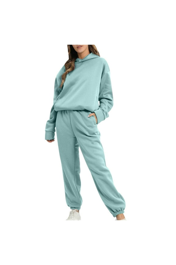 Womens Solid Color 2PC Set Sweatsuits 2 Piece Outfits Crew Neck Sweatshirt Sweatpant Tracksuit Fall Irregular Hem Pullover Lounge Sets Mint Green,L